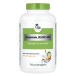 White supplement bottle with a green cap and green label reading "Botanicals_BLOAT AID", featuring an anatomical graphic of a stomach filled with herbs.