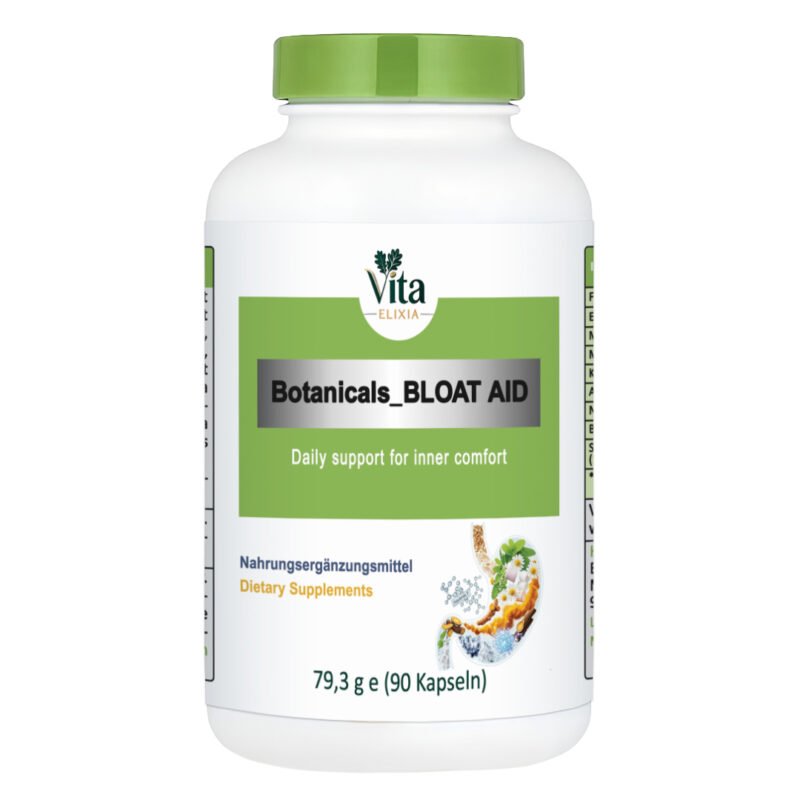 White supplement bottle with a green cap and green label reading "Botanicals_BLOAT AID", featuring an anatomical graphic of a stomach filled with herbs.